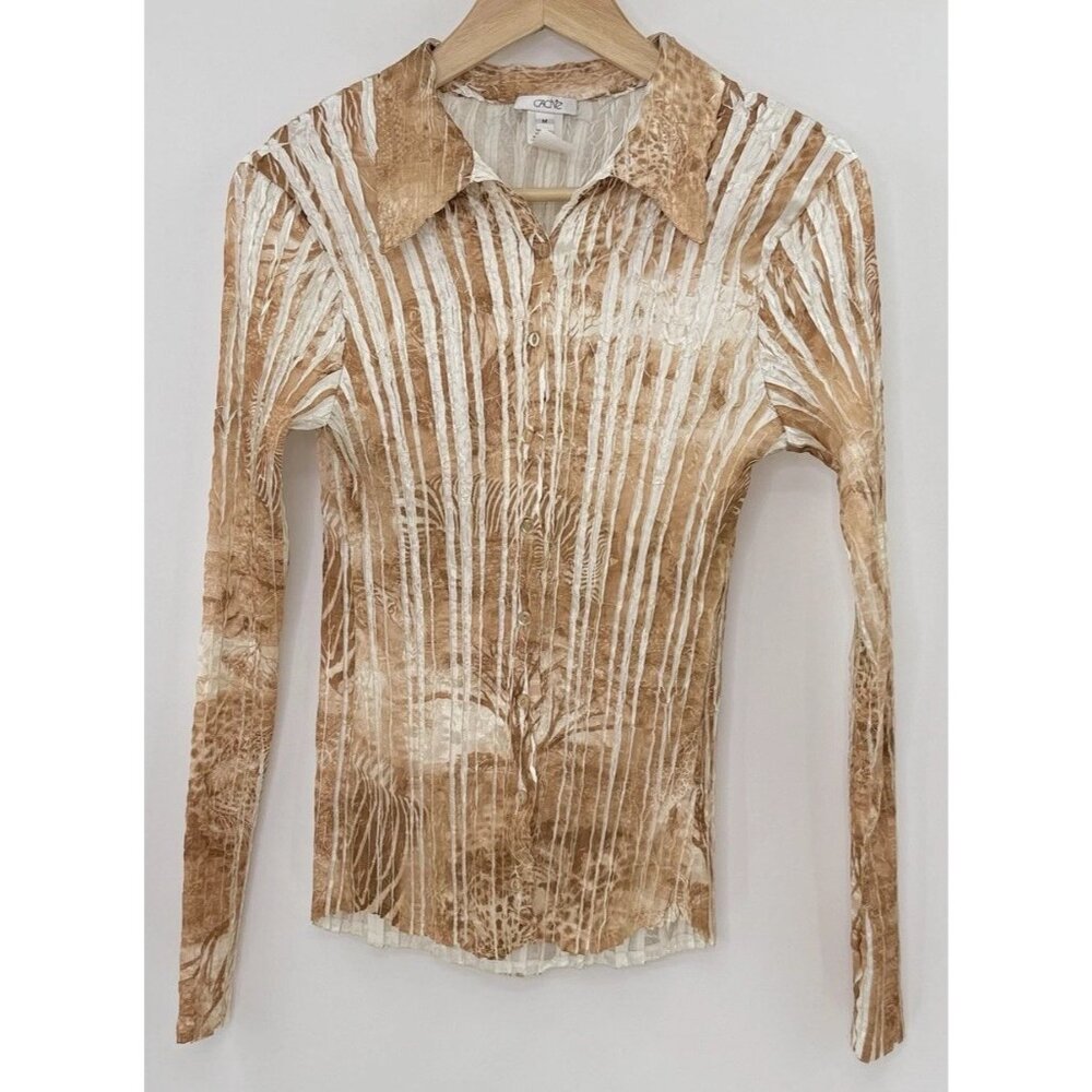 Cache Crinkle Pleated Button Front Satin Blouse Size M Boho‎ Artsy Hippie Y2K